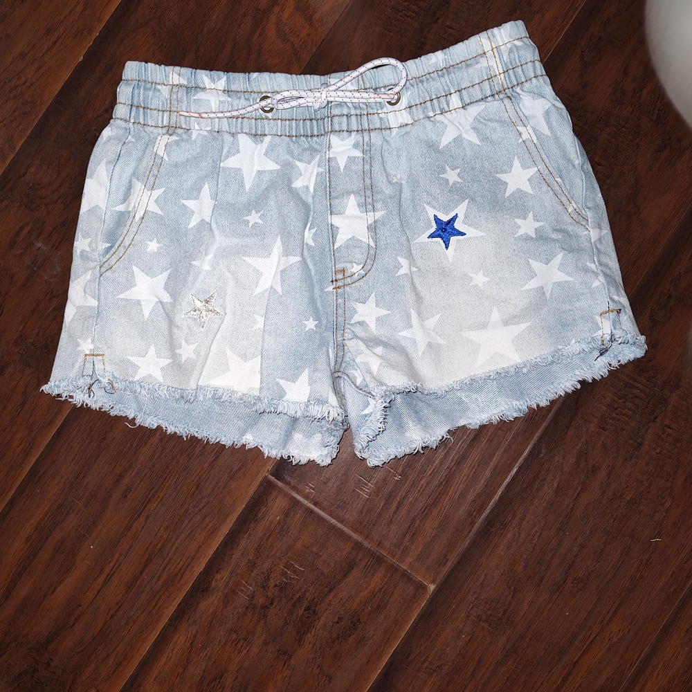 Upcycled Handmade Sparkly Star-Patterned Denim Shorts With Frayed Hems